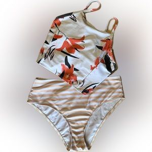 Floral Crop Top Bikini Set Striped Bottoms Medium Adjustable Straps - Size M
